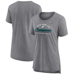 Women's Philadelphia Eagles   Heather Gray Super Bowl LIX Champions Prestigious Run Tri-Blend Scoop Neck T-Shirt