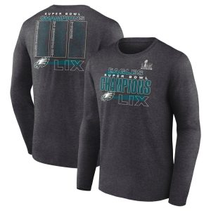 Men's Philadelphia Eagles  Heather Charcoal Super Bowl LIX Champions Roster Long Sleeve T-Shirt