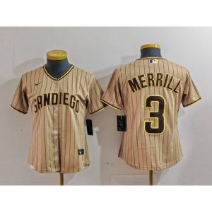 Women's San Diego Padres #3 Jackson Merrill Tan Stitched Baseball Jersey(Run Small)