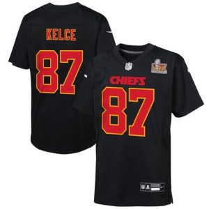 Youth Kansas City Chiefs #87 Travis Kelce  Carbon Black Super Bowl LIX Patch Fashion Game Jersey