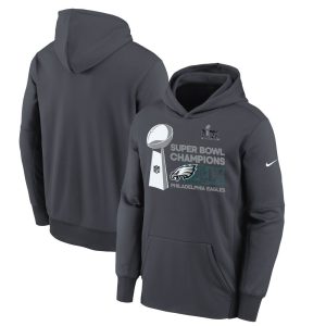 Youth Philadelphia Eagles   Anthracite Super Bowl LIX Champions Locker Room Trophy Collection Fleece Pullover Hoodie