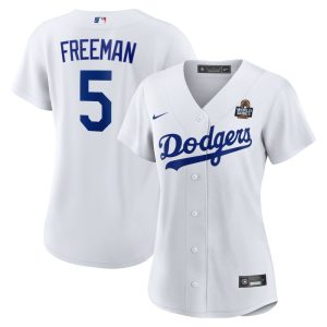 Women's Los Angeles Dodgers #5 Freddie Freeman  White 2024 World Series Home Home Replica Jersey
